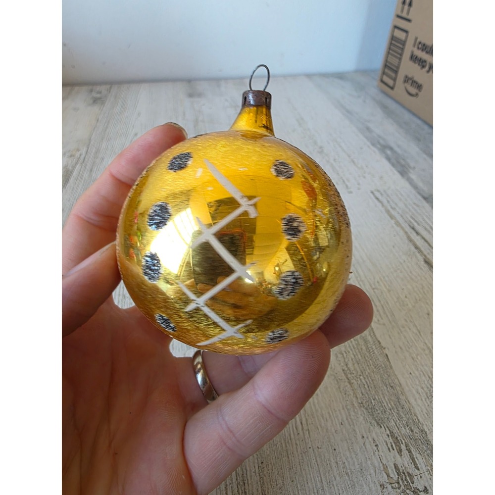 Vintage poland? Gold mica polka dot striped glass ornament Xmas tree
